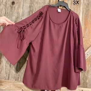 Burgundy Lace Up Bell Sleeve Blouse
